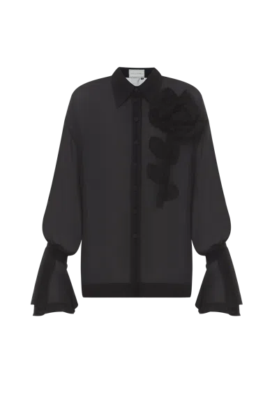 Malva Florea Black Shirt With A Decorative Element In The Shape Of A Flower
