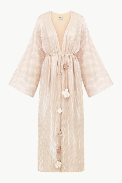 Malva Florea Sequin Cape With Floral Tassel Tie Waist In Sand