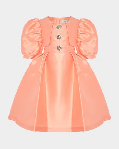 Mama Luma Kids' Girl's Brooch Balloon-sleeve Dress In Orange