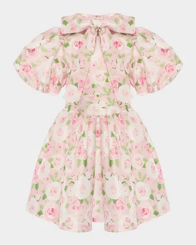 Mama Luma Kids' Girl's Floral Puff-sleeve Dress With Bow In Pink