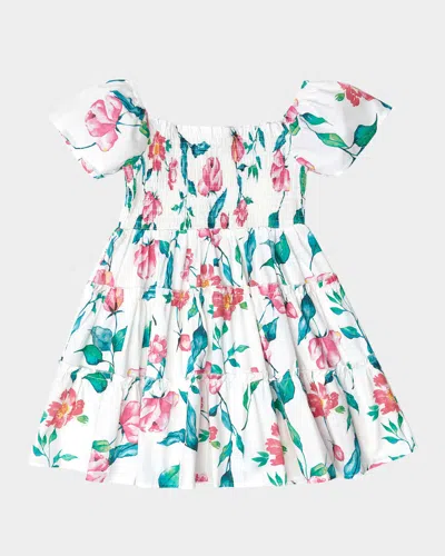 Mama Luma Kids' Girl's Floral Summer Smocked Cotton Mini Dress In White