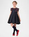 Shop Mama Luma Girl's Pleated Dress W/ Plaid-print Bow In Navy Checkered