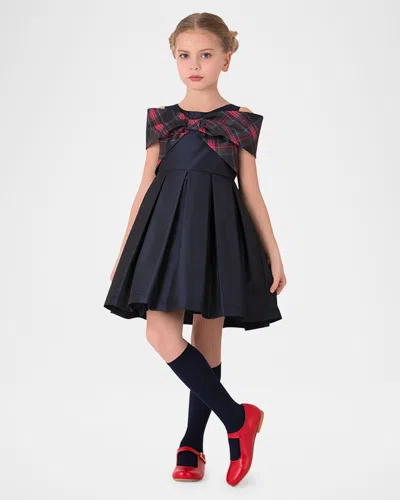 Mama Luma Kids' Girl's Pleated Dress W/ Plaid-print Bow In Navy Checkered