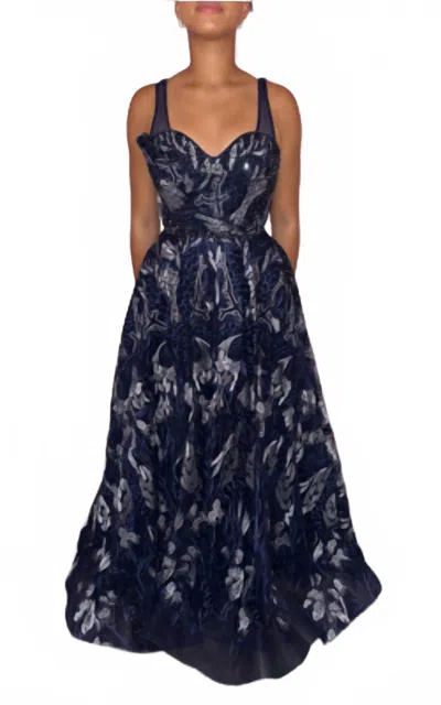 Mambo Couture Beaded And Lace Applique Ballgown In Navy In Blue