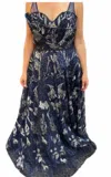 Mambo Couture Beaded And Lace Applique Ballgown In Navy In Blue