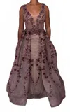 Mambo Couture V-neck Floral Applique Gown In Mauve In Brown