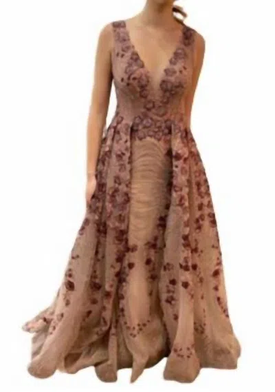 Mambo Couture V-neck Sheath With Floral Applique And Skirt Overlay In Mauve In Multi