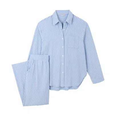 Mamu Dream Women's Blue Brushed Organic Cotton Jersey Striped Boyfriend-shirt Pj Set