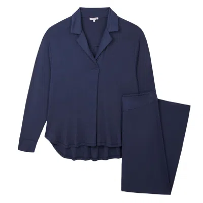 Mamu Dream Women's Blue Navy Oversized Retro Ribbed Soft Modal Hero Shirt & Wide Leg Jogger Set