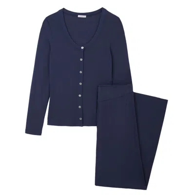 Mamu Dream Women's Blue Navy Ribbed Soft Modal Jersey Cardigan & Wide-leg Joggers Set