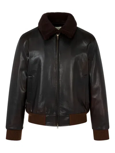 Man On The Boon. Collar Shearling Bomber Jacket In Brown