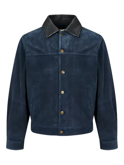 Man On The Boon. Contrast-collar Suede Trucker Jacket In Blue