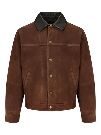 Man On The Boon. Contrast Collar Suede Trucker Jacket In Brown