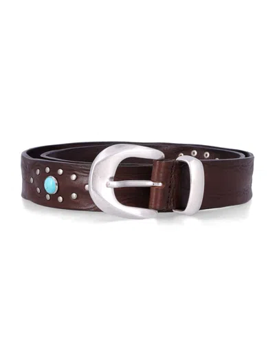 Mancini 1979 Alfred Unisex Leather Belt With Turquoise Stone Studs And Solid Buckle In Dark Brown