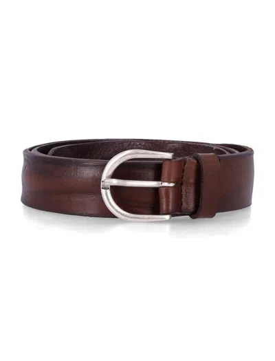 Mancini 1979 Distressed Leather Belt With Rounded Metal Buckle, Adjustable Fit (3 Cm) In Dark Brown