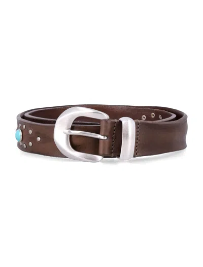 Mancini 1979 Studded Leather Belt With Metal Buckle In Fango