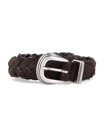 Mancini 1979 Woven Suede Braided Belt With Triptych Hardware, 2.5 Cm In Dark Brown