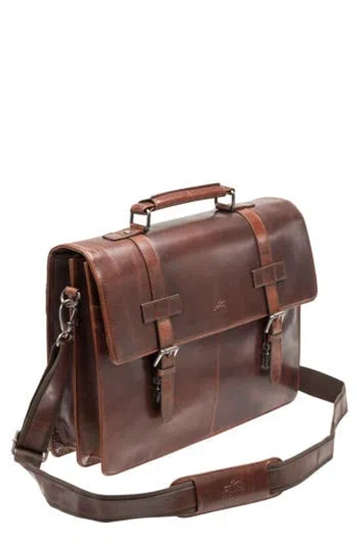 Mancini Double Compartment Flap Leather Briefcase In Brown