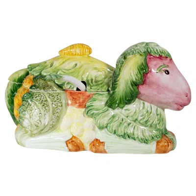 Pre-owned Mancioli Pottery Vintage Majolica Lamb, Cabbage, And Vegetables Tureen, Italy Hand-painted In Sand