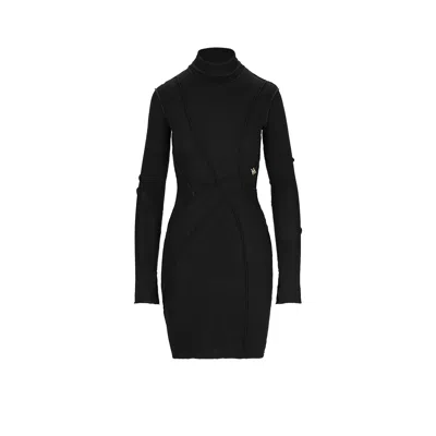 Mandragora Women's Black Viscose Dress With Turtleneck And Extra Long Sleeves