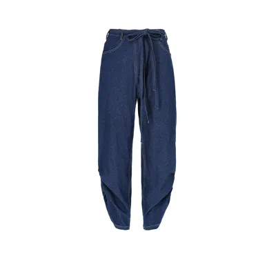 Mandragora Women's Blue Balloon Cotton Jeans With Gathered Legs - Jeann