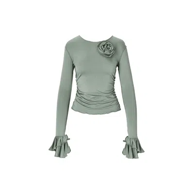 Mandragora Women's Green Viscose Longsleeve With Ruffles And A Decorative Rose – Rosalie Khaki