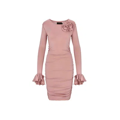 Mandragora Women's Pink / Purple Ruched Viscose Dress With A Decorative Rose In Dusty Pink In Pink/purple
