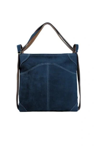 Mandrn Woven Convertible Leather Tote To Backpack In Blue
