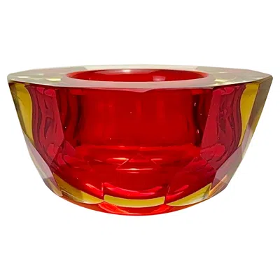 Pre-owned Mandruzzato Murano Glass Faceted Geode Dish In Red And Yellow Sommerso