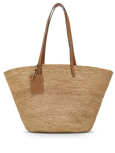 Manebi Brown Basket Bag In Raffia And Leather In Beige