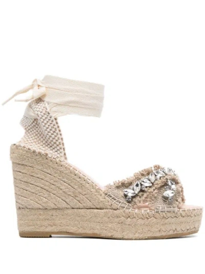 Manebi Crossed Wedge Espadrilles In Organic Hemp With Capri Crystals In Neutrals