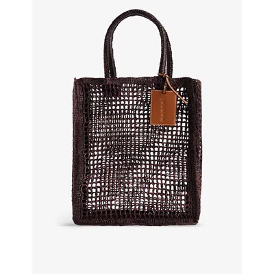 Manebi Chocolate Net Branded-charm Raffia Bag In Brown