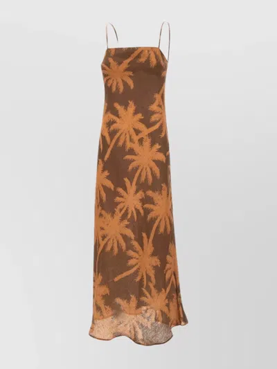 Manebi "cuzco" Linen Dress With Palm Tree Print In Brown