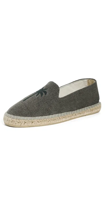 Manebi Embroidered Hemp Classic Espadrilles Military Green/palm On Tone In Gray