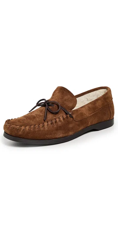 Manebi Fleece Lined Moccasin Slippers Tobacco In Brown