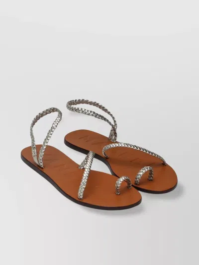Manebi Leather Thong Sandals With Braided Straps In Silver