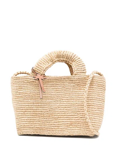 Manebi Mini Beige 'new Sunset' Shopping Bag In Raffia