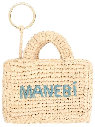 Manebi Mini Sunset Raffia Key Holder In Beige