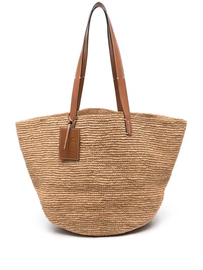 Manebi Brown Basket Bag In Raffia And Leather In Leather Brown