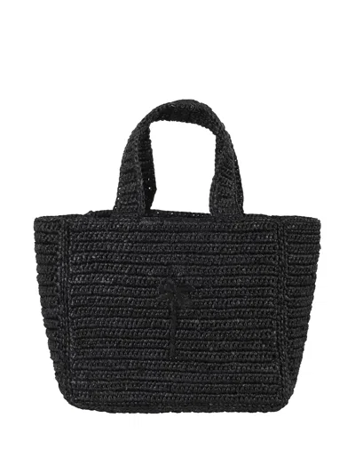Manebi Palm-tree Embroidered Raffia Tote Bag In Black
