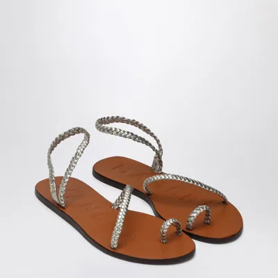 Manebi Platinum Leather Thong Sandals With Ring In Silver