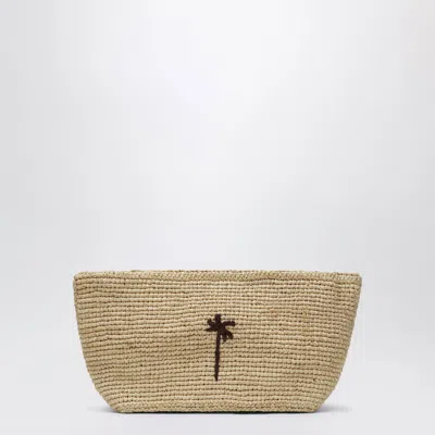 Manebi Raffia Clutch With Logo Embroidery In Beige