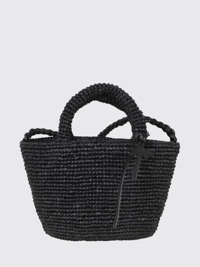 Manebi Small Raffia Crochet Handbag With Logo Charm In Black