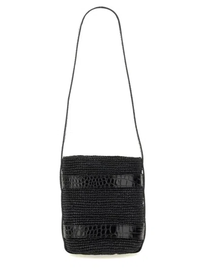 Manebi Textured Raffia Bucket Bag With Glossy Accents In Black