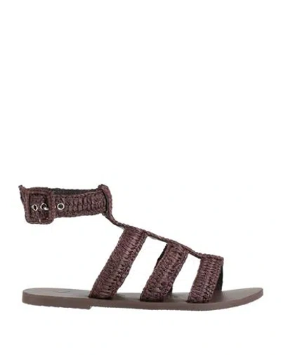 Manebi Manebí Woman Sandals Chocolate Brown Size 8 Natural Raffia, Leather