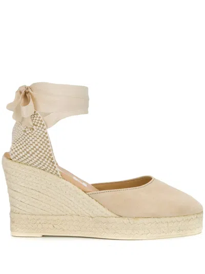 Manebi Woven Ankle Tie Platform Wedge Heels In Beige