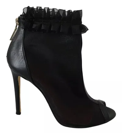Pre-owned Mangano Leather Mesh Stiletto High Heels Peep Toe Boots Women's Shoes () In Black