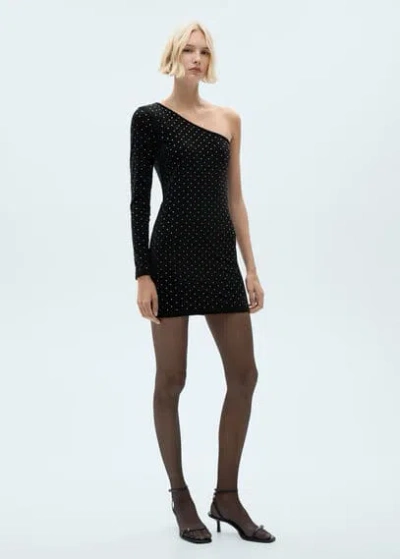 Mango Asymmetrical Rhinestone Dress Black