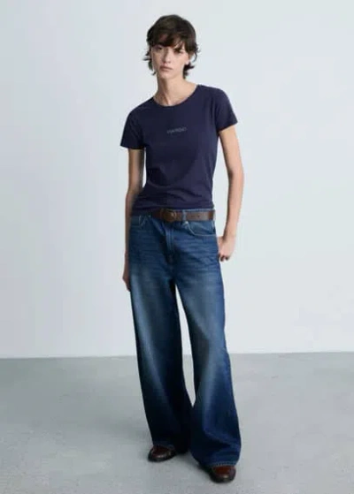 Mango Logo Print Cotton T-shirt Navy In Blue