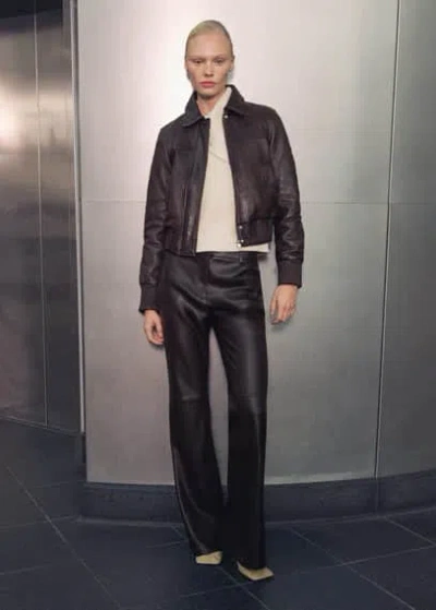 Mango Leather Bomber Jacket Brown